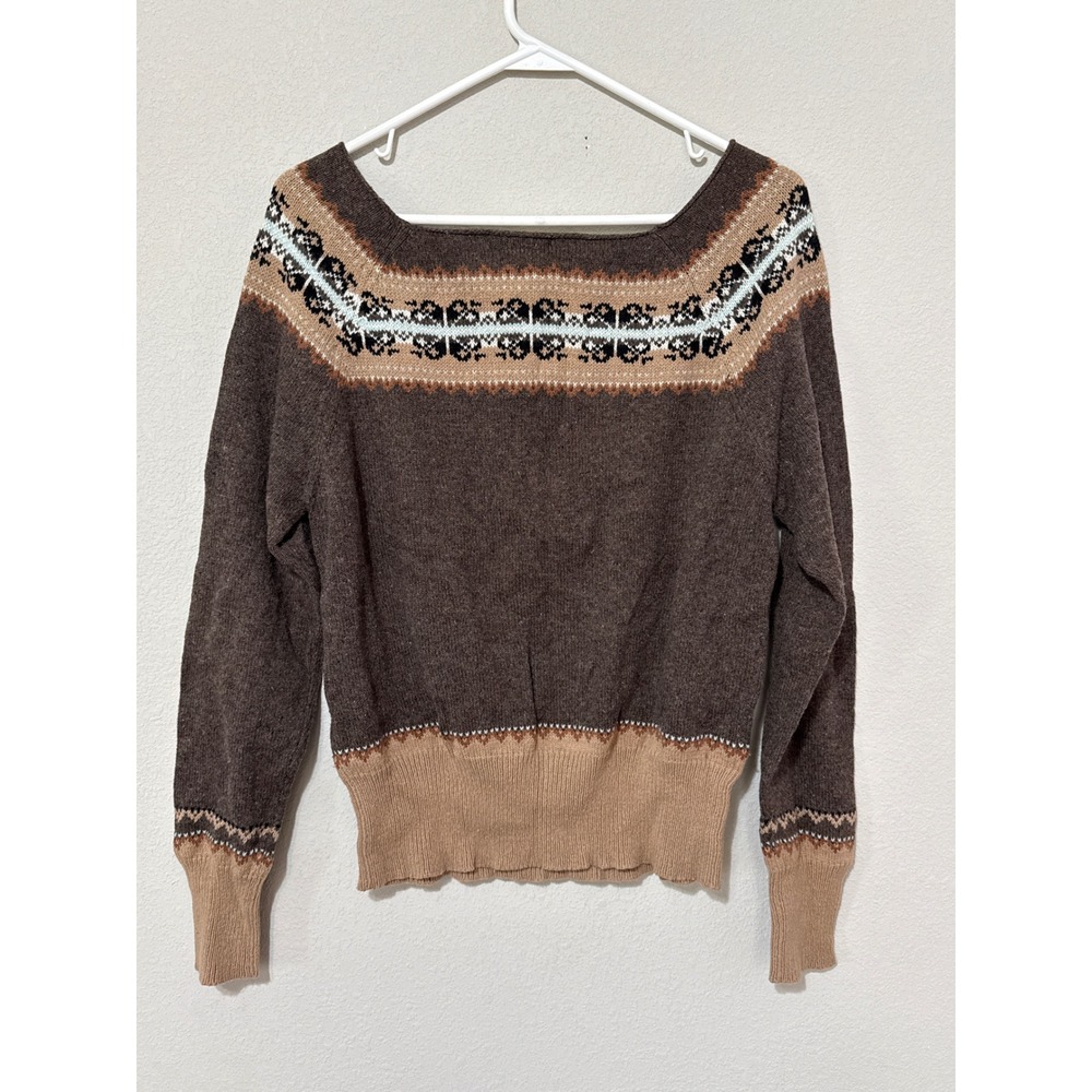 VTG Y2K Old Navy Off the Shoulder Brown Fair Isle Sweater Women's XL Cotton/Wool - Picture 2 of 6